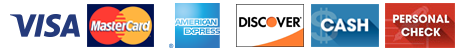 Accepted credit cards: Visa, MasterCard, American Express, Discover, cash, and personal checks